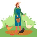 Woman farmer in overalls stands on green lawn and feeds poultry with grain. Vector flat illustration Royalty Free Stock Photo