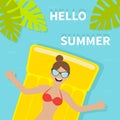 Young woman girl floating on yellow air pool water mattress. Red swimsuit, sunglasses Hello Summer. Palm tree leaf. Cute cartoon r Royalty Free Stock Photo