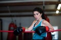 A young woman girl is hanging on the ropes of a boxing ring, resting, wearing boxing gloves. Royalty Free Stock Photo