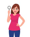 Young woman or girl holding a magnifying glass in hand. Person showing magnifier lens. Female character design illustration.