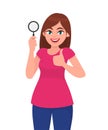 Young woman or girl holding a magnifying glass and making thumbs up gesture sign. Person showing magnifier lens. Female character.