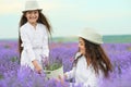 Young woman and girl are in the lavender field, beautiful summer landscape with red poppy flowers Royalty Free Stock Photo