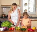 Young woman and girl making fresh vegetable salad. Healthy domestic food concept. Mother and daughter cooking together, help child