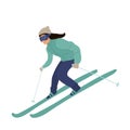 Young woman or girl riding on skis on snow, winter. Flat vector illustration in cartoon style. sport Royalty Free Stock Photo