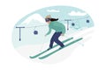 Young woman or girl riding on skis on snow, winter. Flat vector illustration in cartoon style. sport.