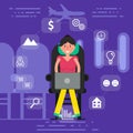 Young woman or girl sitting in seat on plane surfing inflight wi