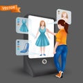 Young woman or girl trying on clothes in front 3D virtual display mirror with fitting simulation function. Vector illustration of