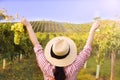 Young woman with a glass of white wine in the vineyards of Italy. Person pouring wine. Free space for text. Royalty Free Stock Photo