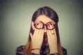 Young woman in glasses covering face eyes with hands Royalty Free Stock Photo
