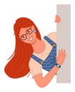 Young woman in glasses peeping from behind the wall vector Illustration on a white background Royalty Free Stock Photo