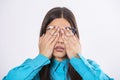 Young woman in glasses rubs her eyes, suffering from tired eyes, ocular diseases concept. woman in glasses covering face eyes Royalty Free Stock Photo