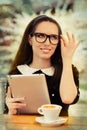 Young Woman with Glasses and Tablet Having Coffee Royalty Free Stock Photo