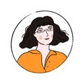 Young woman in glasses with wavy blunt bob hairstyle and fringe. Doodle portrait of confident girl in orange polo shirt.