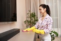 young woman cleaning table with microfiber cloth. Royalty Free Stock Photo