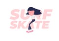 Young woman go surfing with skateboard or surf skate. Funny cartoon character.