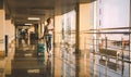 Young woman goes at airport at window with suitcase waiting for Royalty Free Stock Photo