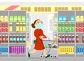 A young woman goes shopping with a grocery cart. Mom walks around the grocery store, buys groceries, food. A girl in a dress with