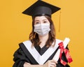 Young woman in graduation gowns with medical mask