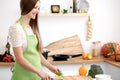 Young woman in the green apron cooking in the kitchen. Housewife slicing fresh salad Royalty Free Stock Photo