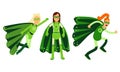 Young Woman in Green Eco Superhero Costumes Standing and Rushing to the Rescue Vector Illustration Set