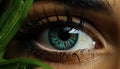 The young woman green eyes reflect nature beauty generated by AI