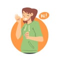 Young Woman in Green Hoody Saying Hello and Showing Hand Greeting Gesture Vector Illustration Royalty Free Stock Photo