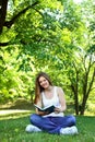 Young woman in green park, book and reading Royalty Free Stock Photo