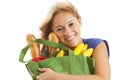 Young woman with green recycled grocery bag