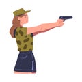 Young woman with gun aiming at target at shooting range. Female athlete shooter holding gun and training in tactical