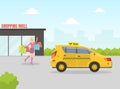 Young Woman Hailing Taxi Car Standing Near Shopping Mall, Mobile City Public Transportation Service Vector Illustration Royalty Free Stock Photo