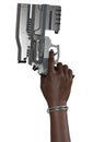 Young Woman hand with gun, 3d illustration, futuristic weapon