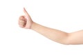 Young woman hand thumbs up for good feeling with white background Royalty Free Stock Photo