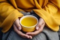 Young woman hands holding aromatic teacup cup of green leaves tea hot steaming beverage morning comfy comfortable Royalty Free Stock Photo