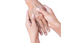 Young woman hands holding old woman hands on white background, f Royalty Free Stock Photo