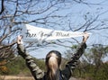 Young Woman Hands Holding Sign Said Free Your Mind