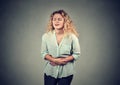 Young woman hands on stomach having bad aches pain Royalty Free Stock Photo