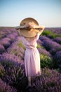 Young woman with hands up standing on the lavender field. Girl dressed in a pink dress and a straw hat standing between lavender f Royalty Free Stock Photo