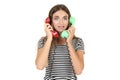 Young woman with handsets