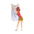 Young Woman Hanging Clean Wet Clothes out to Dry, Housewife Character Household Activity, Housekeeping, Everyday Duties Royalty Free Stock Photo