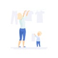 Young woman hanging wet clothes out to dry, little son helping her, family lifestyle concept vector Illustration on a Royalty Free Stock Photo