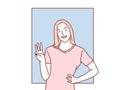 Young woman happy and counting three with fingers korean simple style illustration