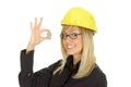 Young woman with hardhat holding a dollar