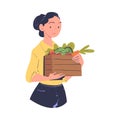 Young Woman Harvesting Holding Wooden Crate with Ripe Vegetables Vector Illustration