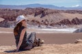 Young woman in hat admiring american landscape of untouched nature with unique landscape with copy space Royalty Free Stock Photo