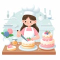 Illustration in flat style of a pastry chef making a cake.