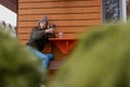 Young woman in hat and sweater sitting on the outdoor cafe, using smartphone, making selfie and drinking coffee Royalty Free Stock Photo