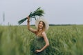 Young woman in a hat walking in a wheat field, enjoys life and summer. Wheat field.Healthy lifestyle Concept Royalty Free Stock Photo