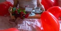 Young woman have a romantic Breakfast in morning bed. Royalty Free Stock Photo