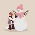 Young woman having fun making snowman vector