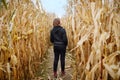 Young woman having fun on pumpkin fair at autumn. Person walking among the dried corn stalks in a corn maze Royalty Free Stock Photo